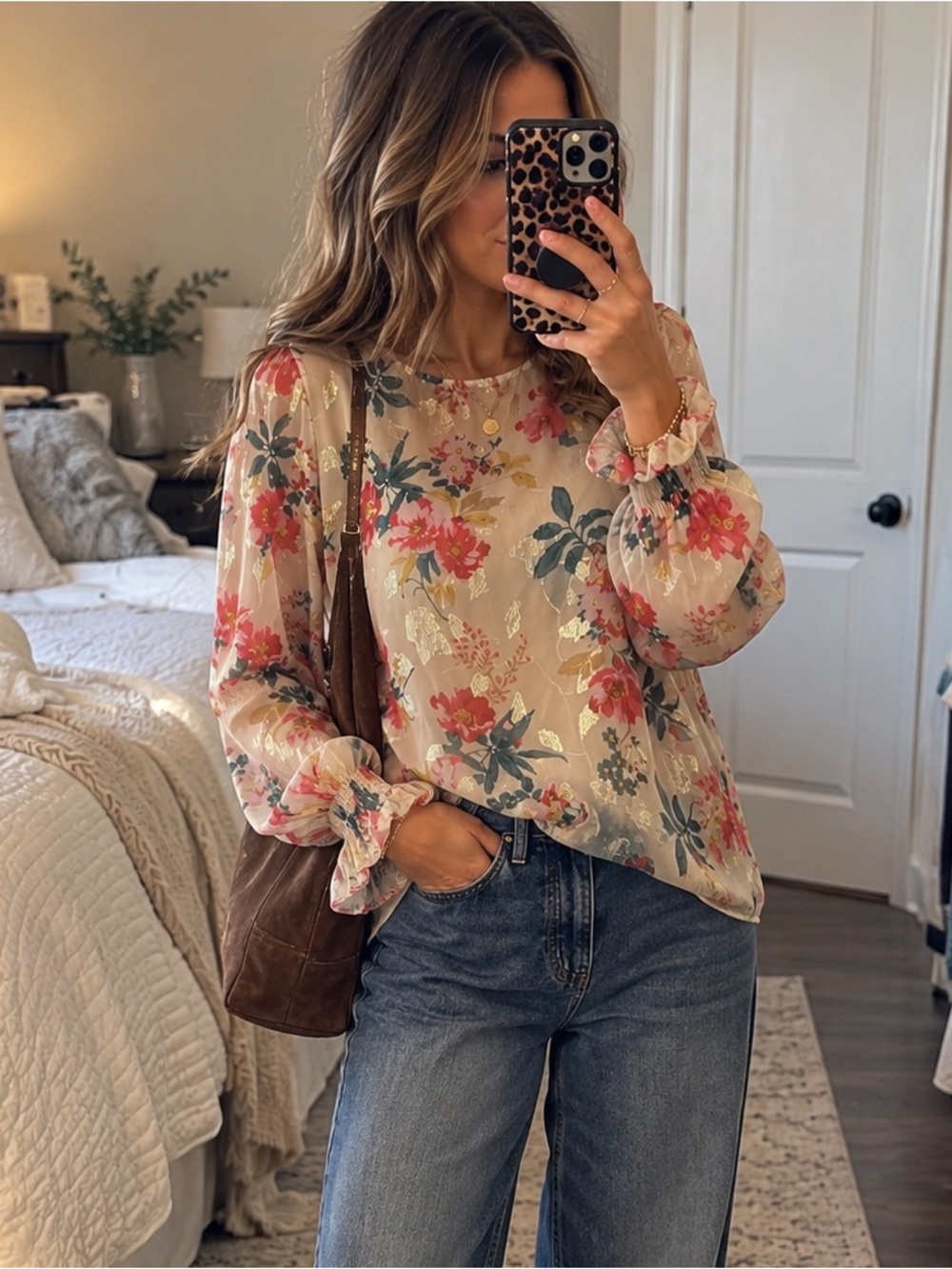 LOFT Floral Metallic Shimmer Ruffle Cuff Blouse Cream Pink M
